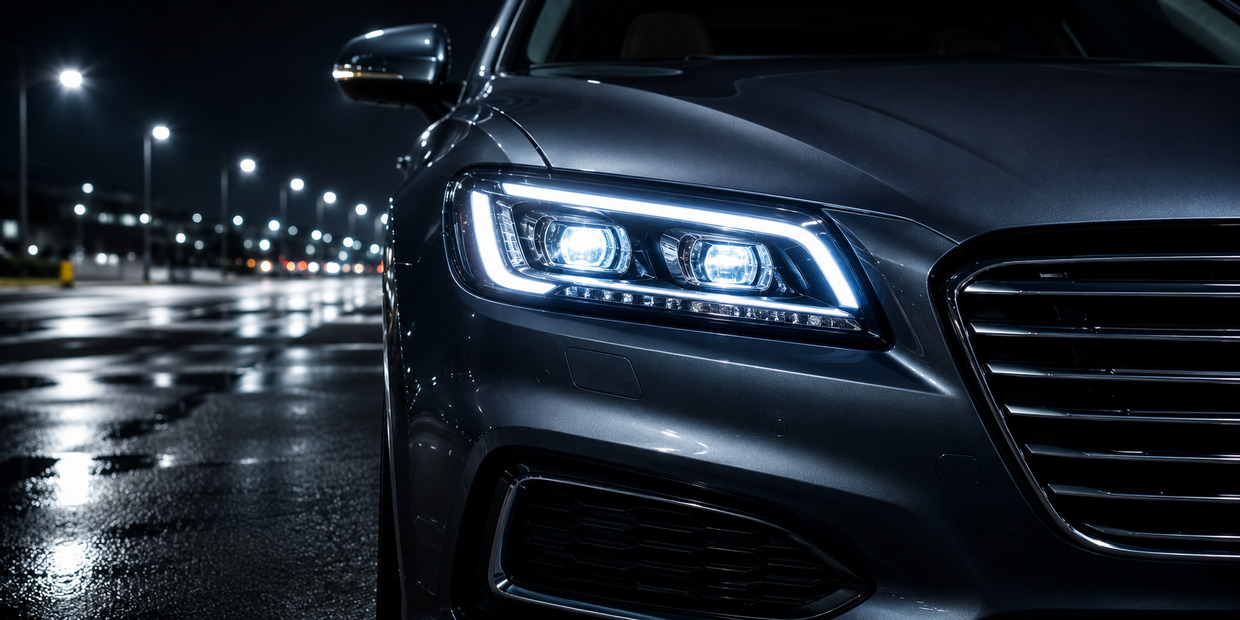 Faros LED delanteros encendidos en un coche