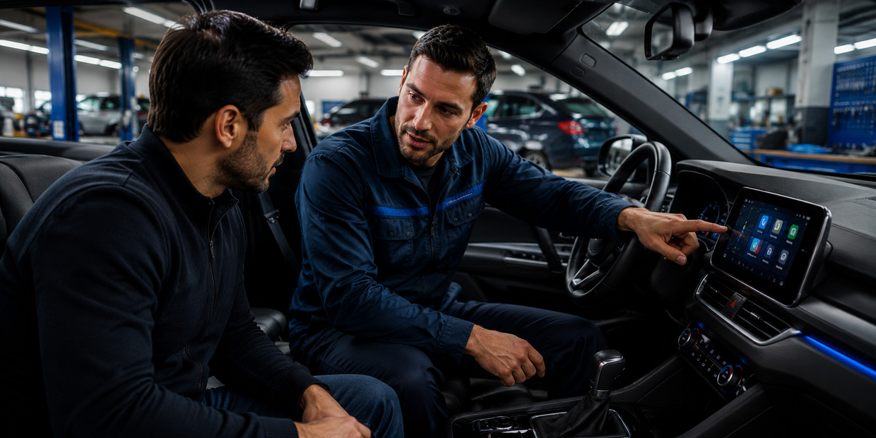 Técnico asesorando a un cliente sobre la pantalla ideal para su coche
