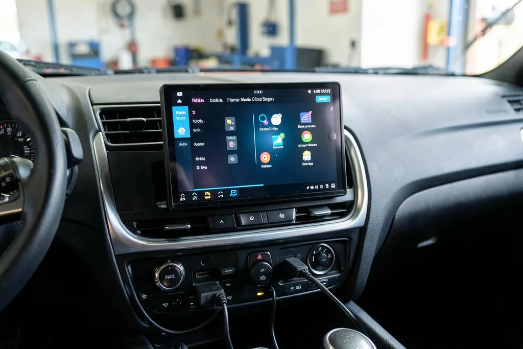 Pantalla Android conectada al sistema de audio de un coche