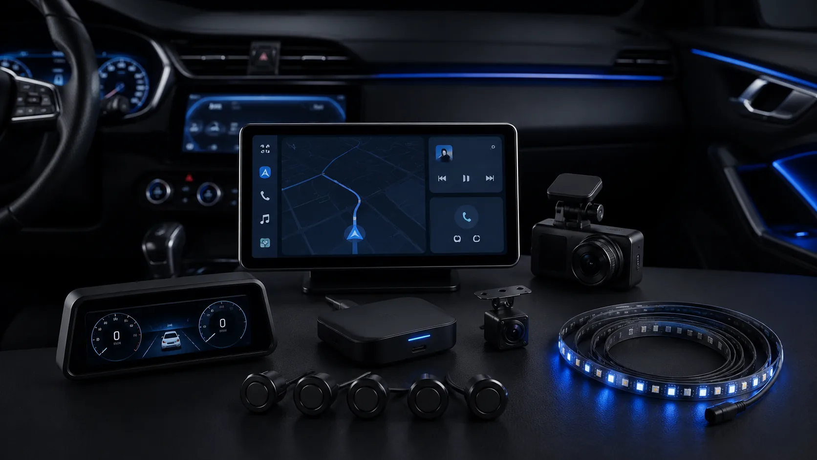 Accesorios tecnológicos para coche con pantalla multimedia, cámaras, sensores e iluminación ambiental