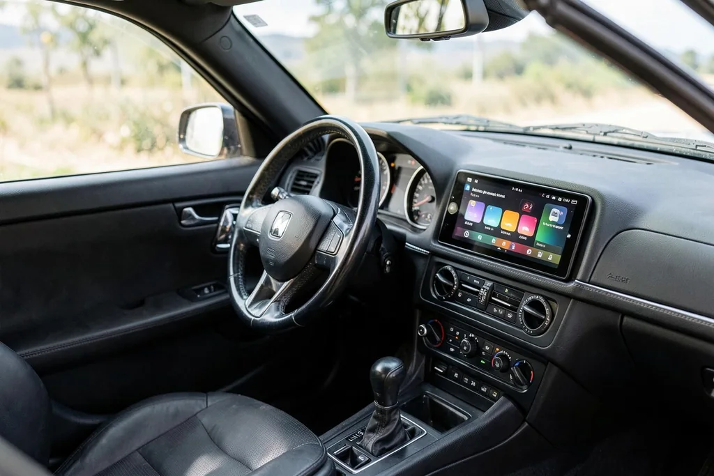 Interior de un coche con pantalla Android integrada en el salpicadero
