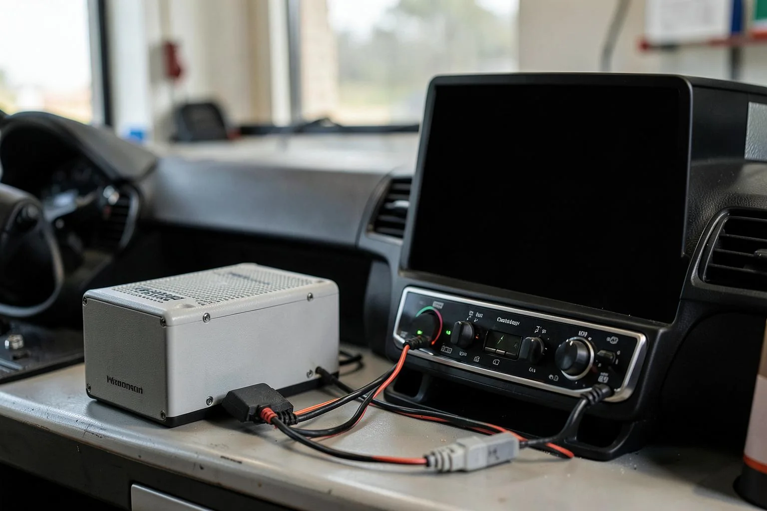 Amplificador y cableado conectados a una pantalla multimedia de coche