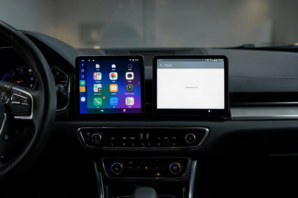 Dos pantallas táctiles de coche una junto a otra en un salpicadero, comparando Android y Linux