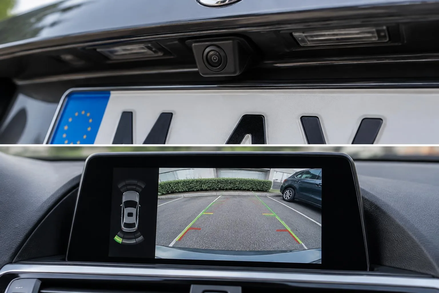 Cámara de aparcamiento instalada en el portón trasero de un coche y su imagen con líneas de guía en la pantalla del salpicadero