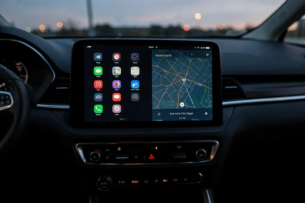 Pantalla táctil de coche mostrando las interfaces de Apple CarPlay y Android Auto a la vez