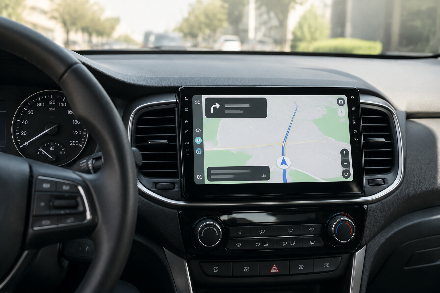 Pantalla Android instalada en el salpicadero de un coche mostrando una aplicación de navegación