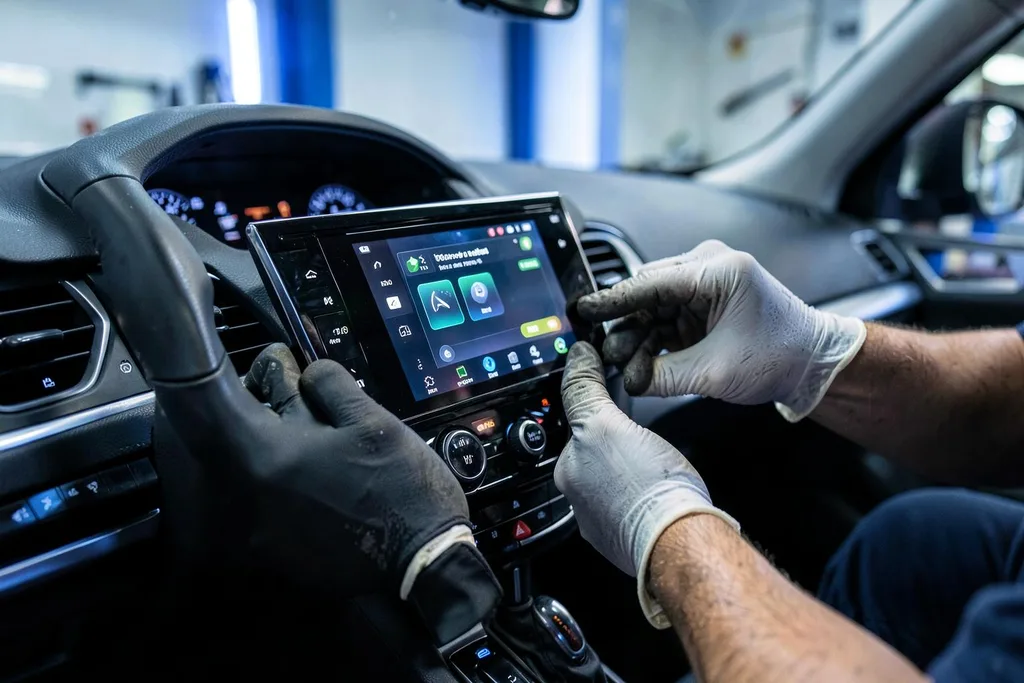 Técnico instalando una pantalla Android en el salpicadero de un coche en un taller
