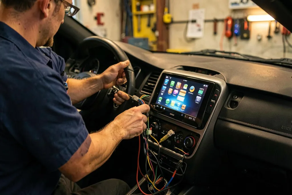 Instalador profesional conectando una pantalla Android en el salpicadero de un coche en un taller