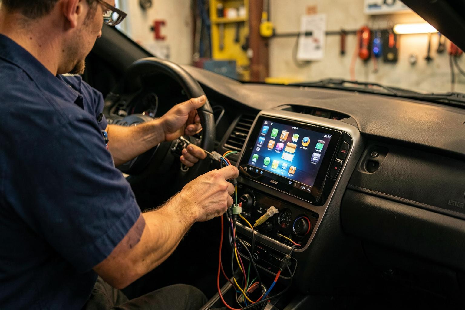 Instalador profesional conectando una pantalla Android en el salpicadero de un coche en un taller
