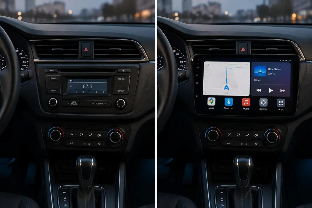 Comparativa de un salpicadero con pantalla original pequeña frente a otro con pantalla Android grande