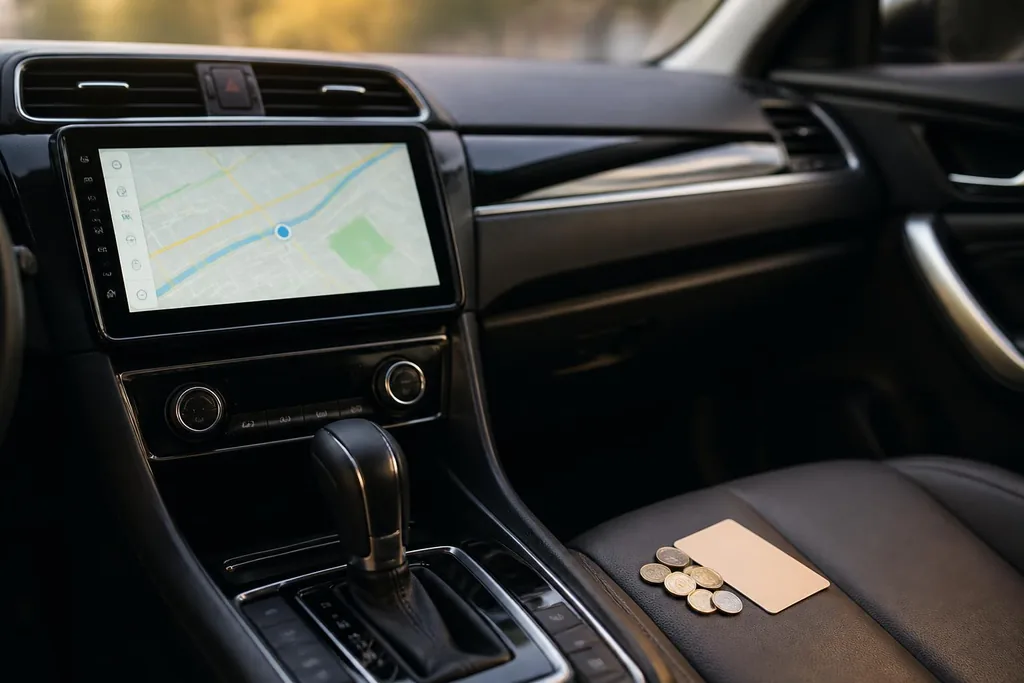 Pantalla Android instalada en el salpicadero de un coche junto a monedas y una tarjeta